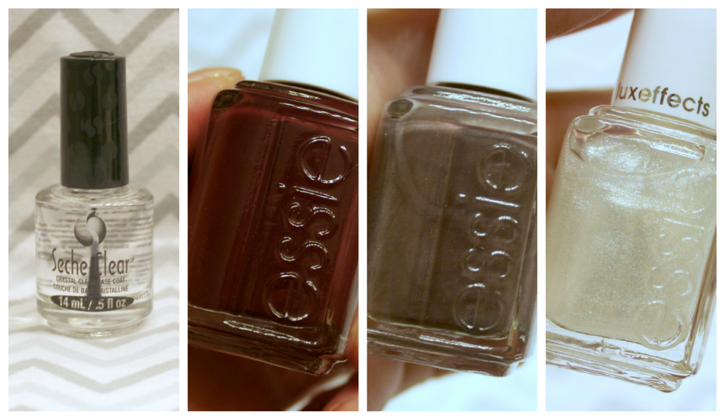 Essie Shearling Darling, Essie Sable Collar, Essie Pure Pearlfection and Seche Clear Base Coat